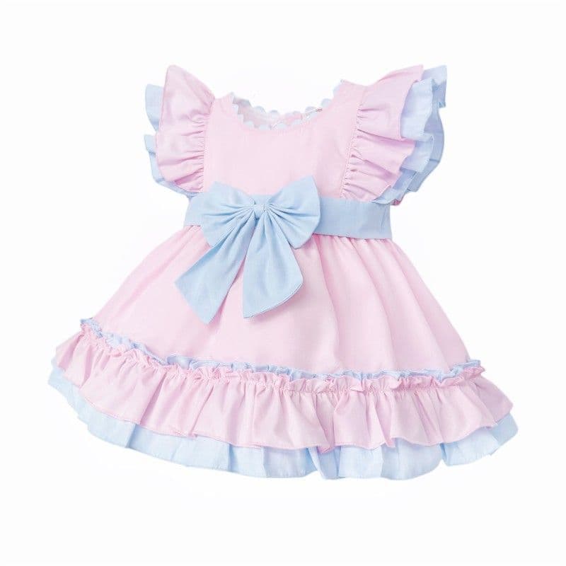 Baby Girl Cotton Pink with Blue Puff Ball Dress "2614"