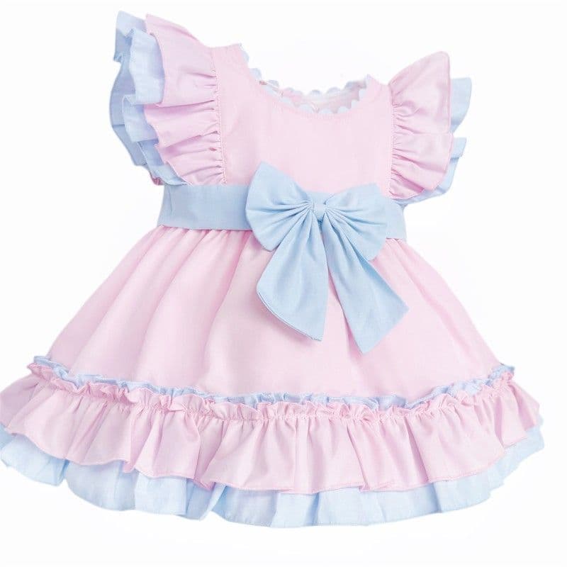 Baby Girl Cotton Pink with Blue Puff Ball Dress "2614"