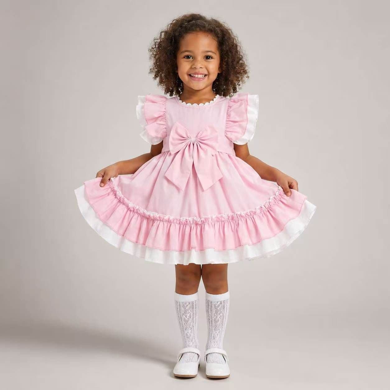 Baby Girl Cotton Pink with White Puff Ball Dress "2617"