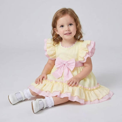 Baby Girl Cotton Yellow with Pink Bow Puff Dress "2609"