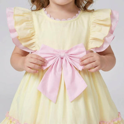 Baby Girl Cotton Yellow with Pink Bow Puff Dress "2609"