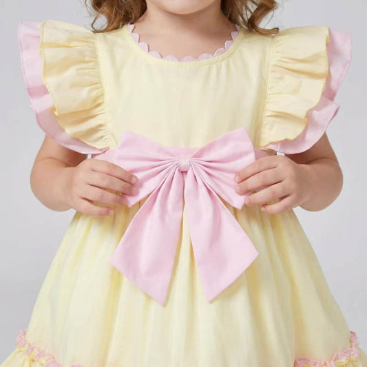 Baby Girl Cotton Yellow with Pink Bow Puff Dress "2609"