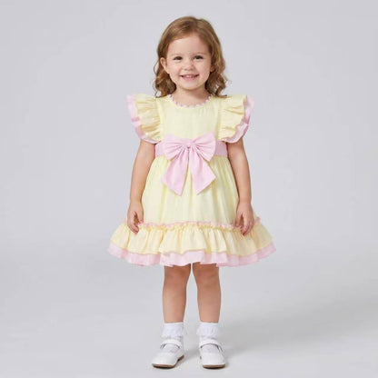 Baby Girl Cotton Yellow with Pink Bow Puff Dress "2609"