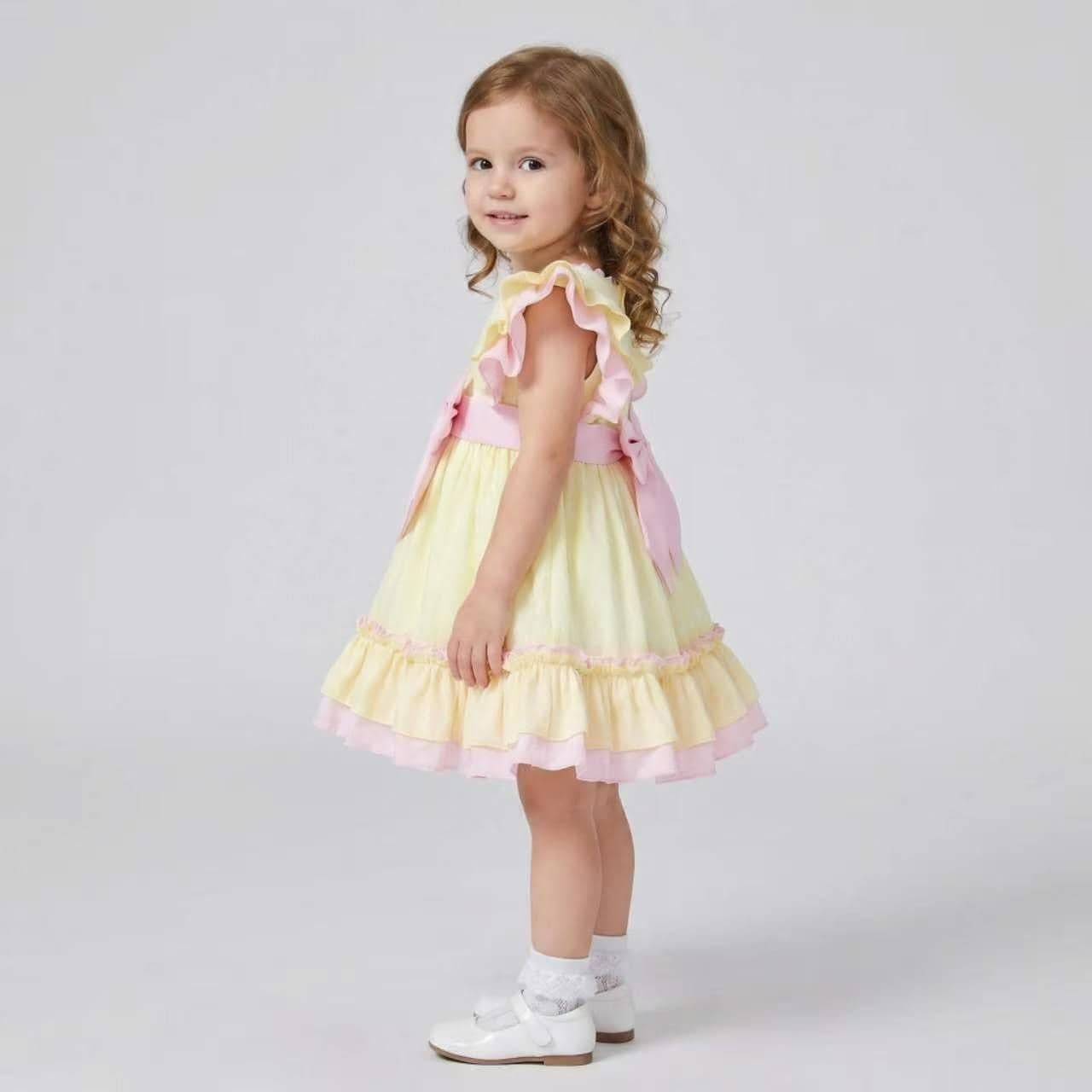 Baby Girl Cotton Yellow with Pink Bow Puff Dress "2609"