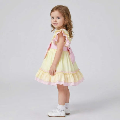 Baby Girl Cotton Yellow with Pink Bow Puff Dress "2609"