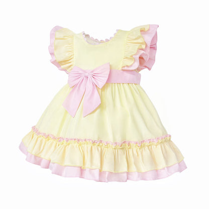 Baby Girl Cotton Yellow with Pink Bow Puff Dress "2609"