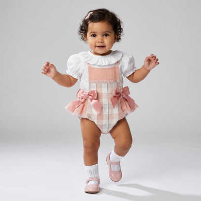 Baby Girl Dusty Pink Checked Sheer Frilly Bottom Romper With Top "MYD26053"