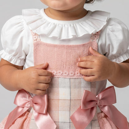 Baby Girl Dusty Pink Checked Sheer Frilly Bottom Romper With Top "MYD26053"