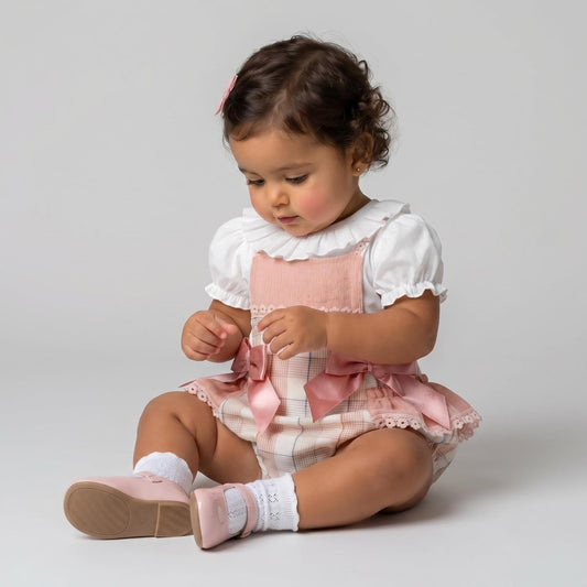 Baby Girl Dusty Pink Checked Sheer Frilly Bottom Romper With Top "MYD26053"