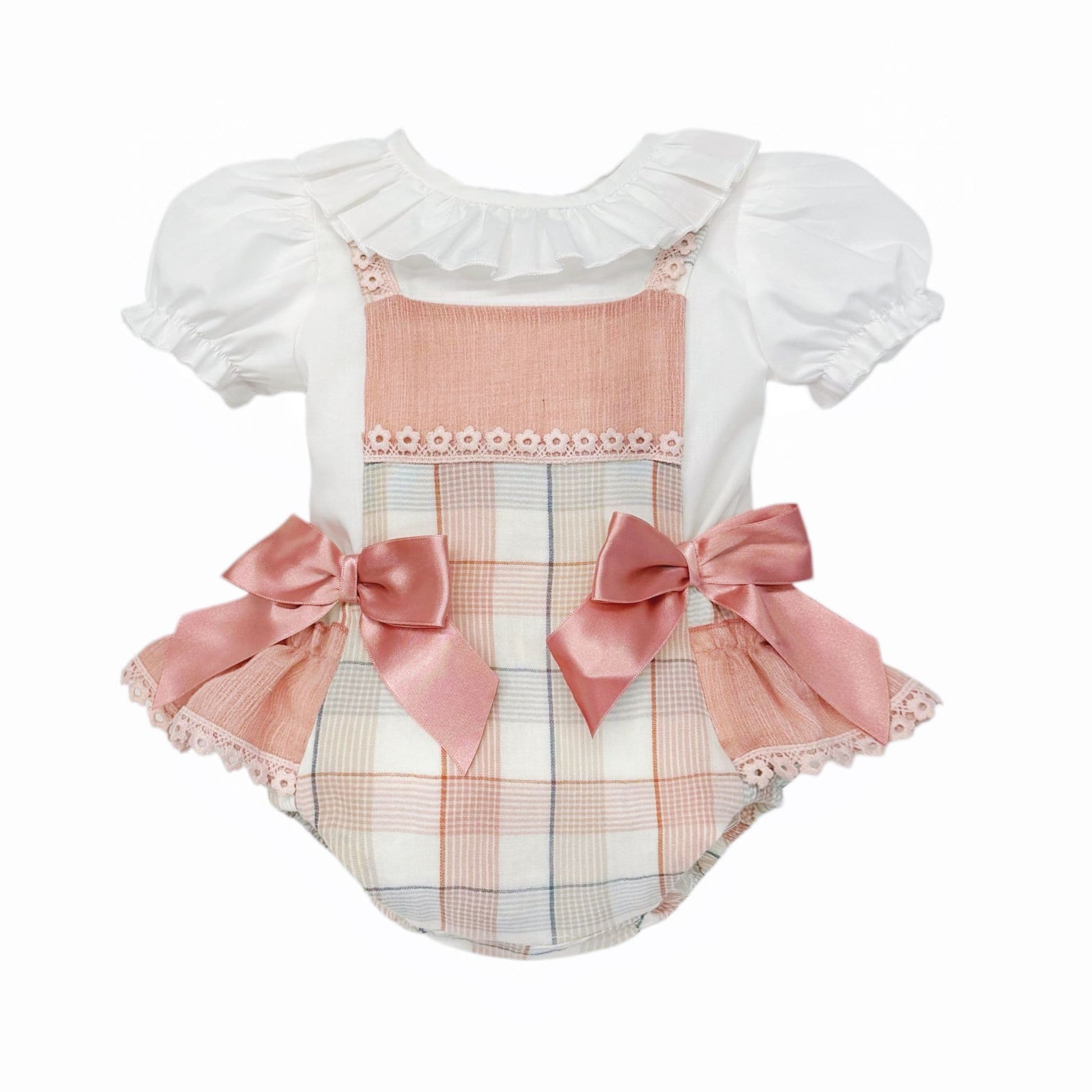 Baby Girl Dusty Pink Checked Sheer Frilly Bottom Romper With Top "MYD26053"