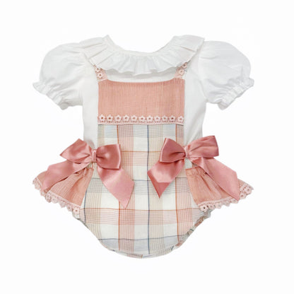 Baby Girl Dusty Pink Checked Sheer Frilly Bottom Romper With Top "MYD26053"