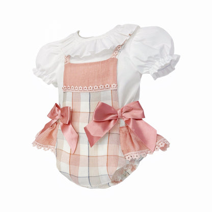 Baby Girl Dusty Pink Checked Sheer Frilly Bottom Romper With Top "MYD26053"