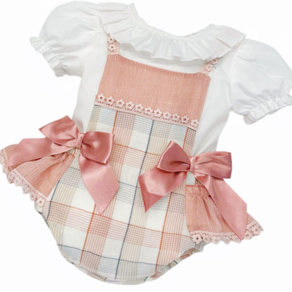 Baby Girl Dusty Pink Checked Sheer Frilly Bottom Romper With Top "MYD26053"