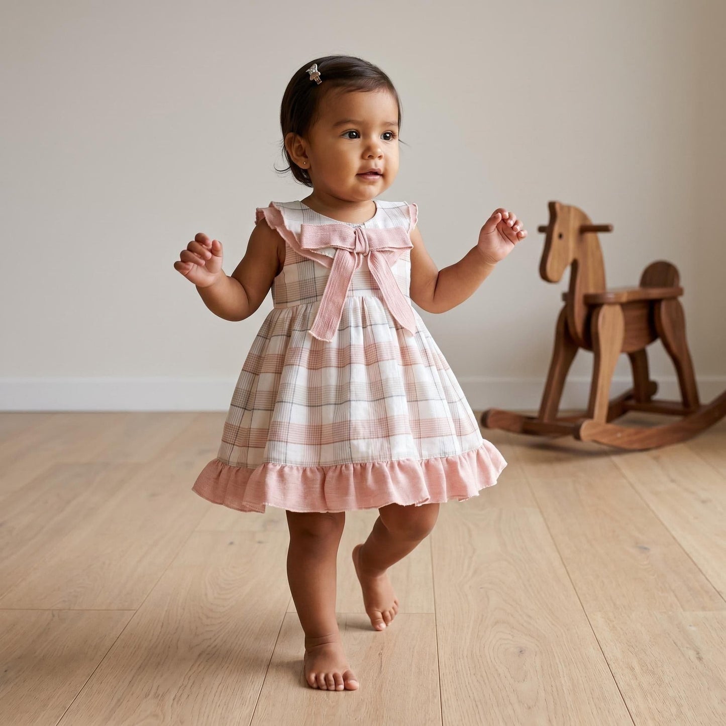 Baby Girl Dusty Pink Checked Sheer Puff Dress with Pants "MYD26054"