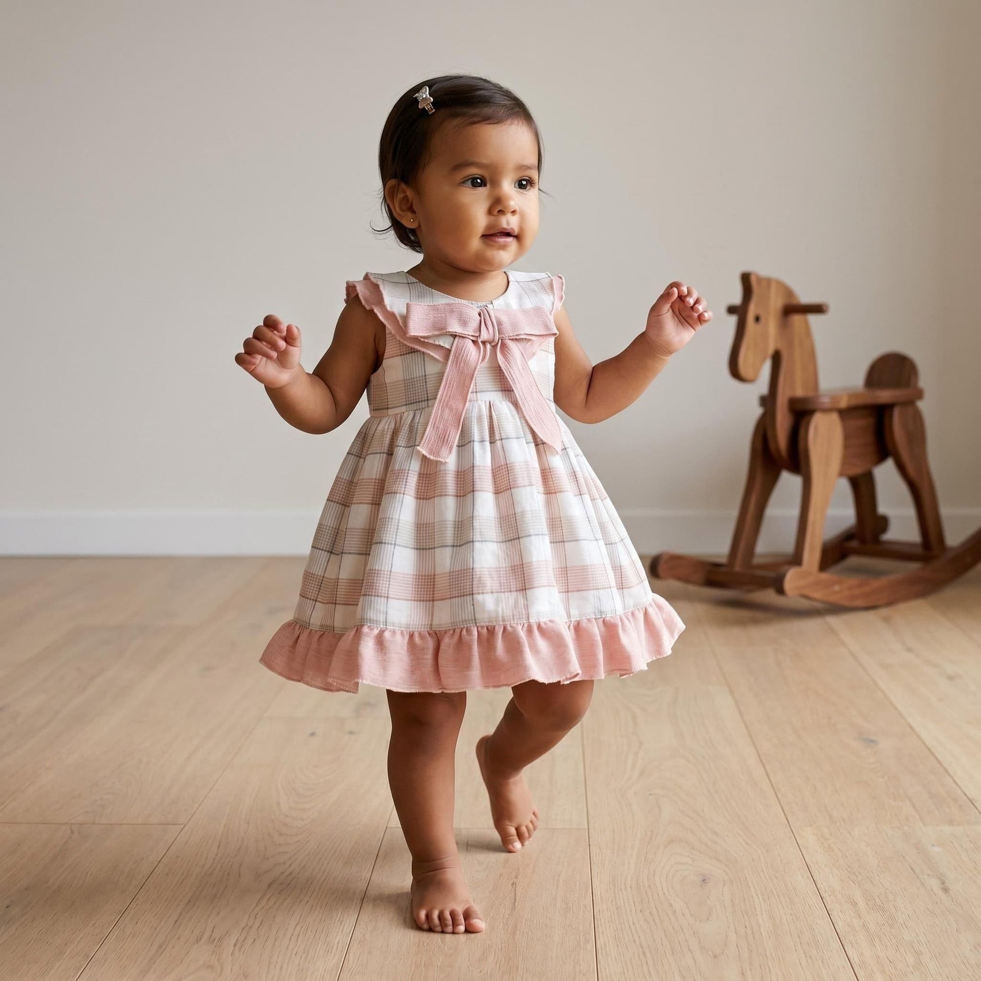 Baby Girl Dusty Pink Checked Sheer Puff Dress with Pants "MYD26054"