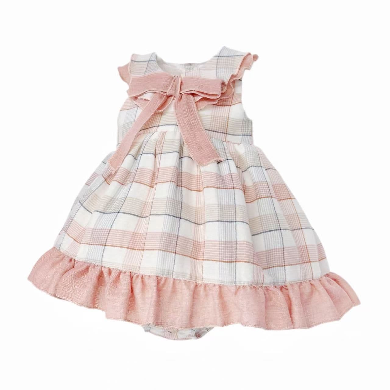 Baby Girl Dusty Pink Checked Sheer Puff Dress with Pants "MYD26054"