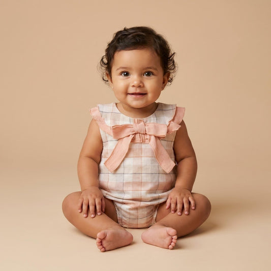 Baby Girl Dusty Pink Checked Sheer Romper Collar "MYD26052"