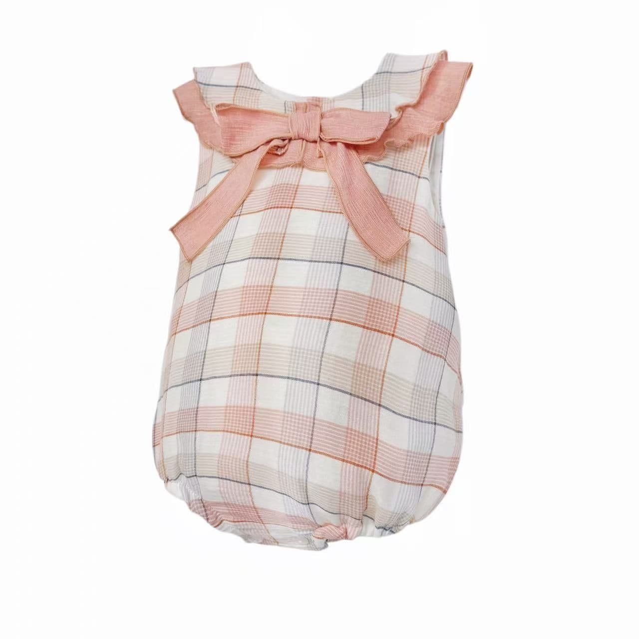 Baby Girl Dusty Pink Checked Sheer Romper Collar "MYD26052"