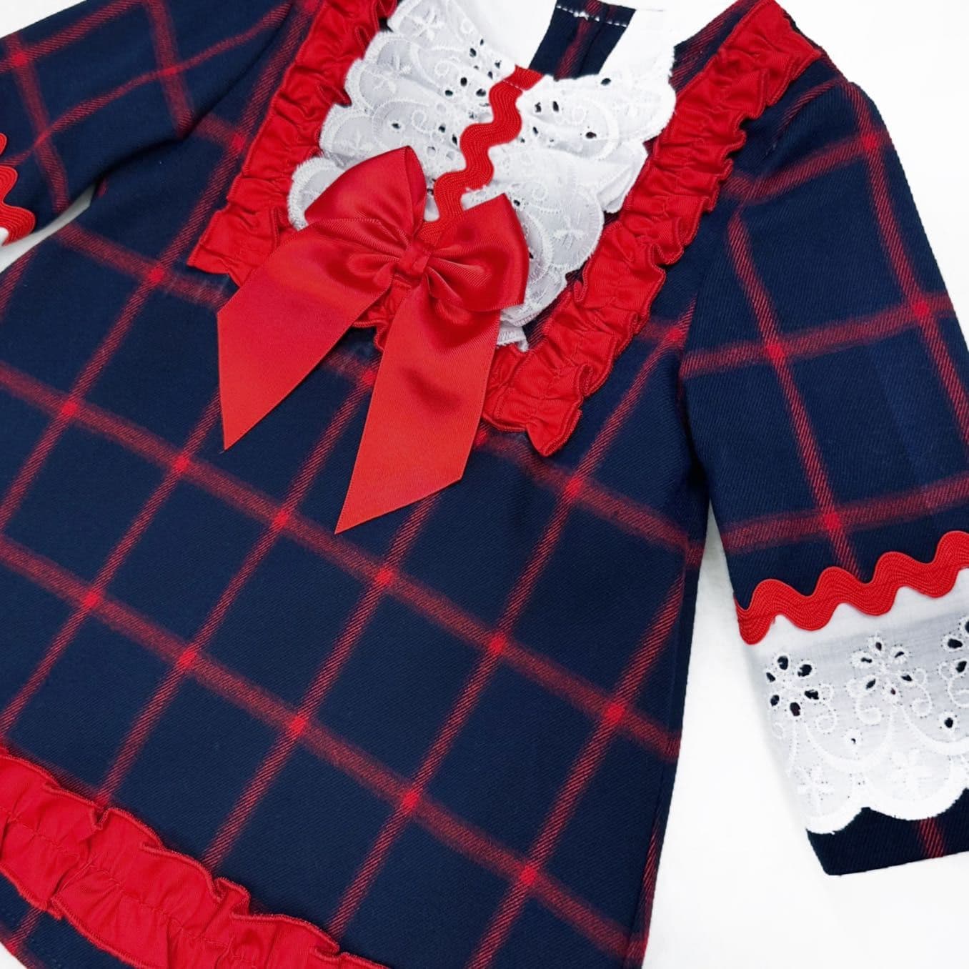 Baby Girl Navy Red Long Sleeve A Line Dress Tartan Frilly Collar Details 2049 Navy