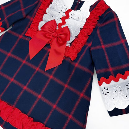 Baby Girl Navy Red Long Sleeve A Line Dress Tartan Frilly Collar Details 2049 Navy