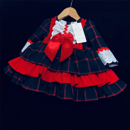Baby Girl Navy&Red Spanish Tartan Dress Puff Ball Wool Blend "2051 Navy"