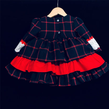 Baby Girl Navy&Red Spanish Tartan Dress Puff Ball Wool Blend "2051 Navy"