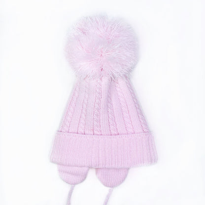 Baby Girls Pink Big Pom Hat with Tie and Ear Flap