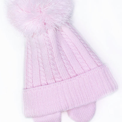 Baby Girls Pink Big Pom Hat with Tie and Ear Flap