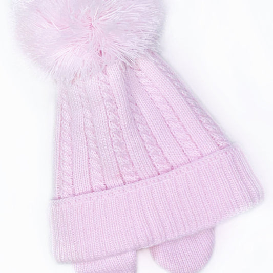 Baby Girls Pink Big Pom Hat with Tie and Ear Flap