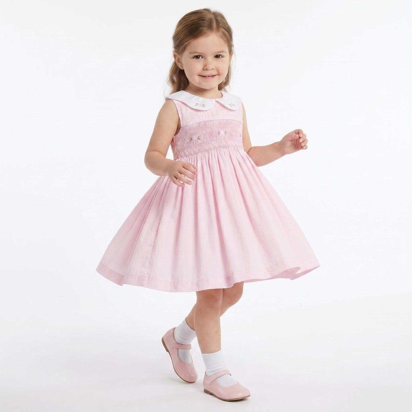 Baby Girl Pink Cotton Hand Smocked Petal Collar Dress "2514"