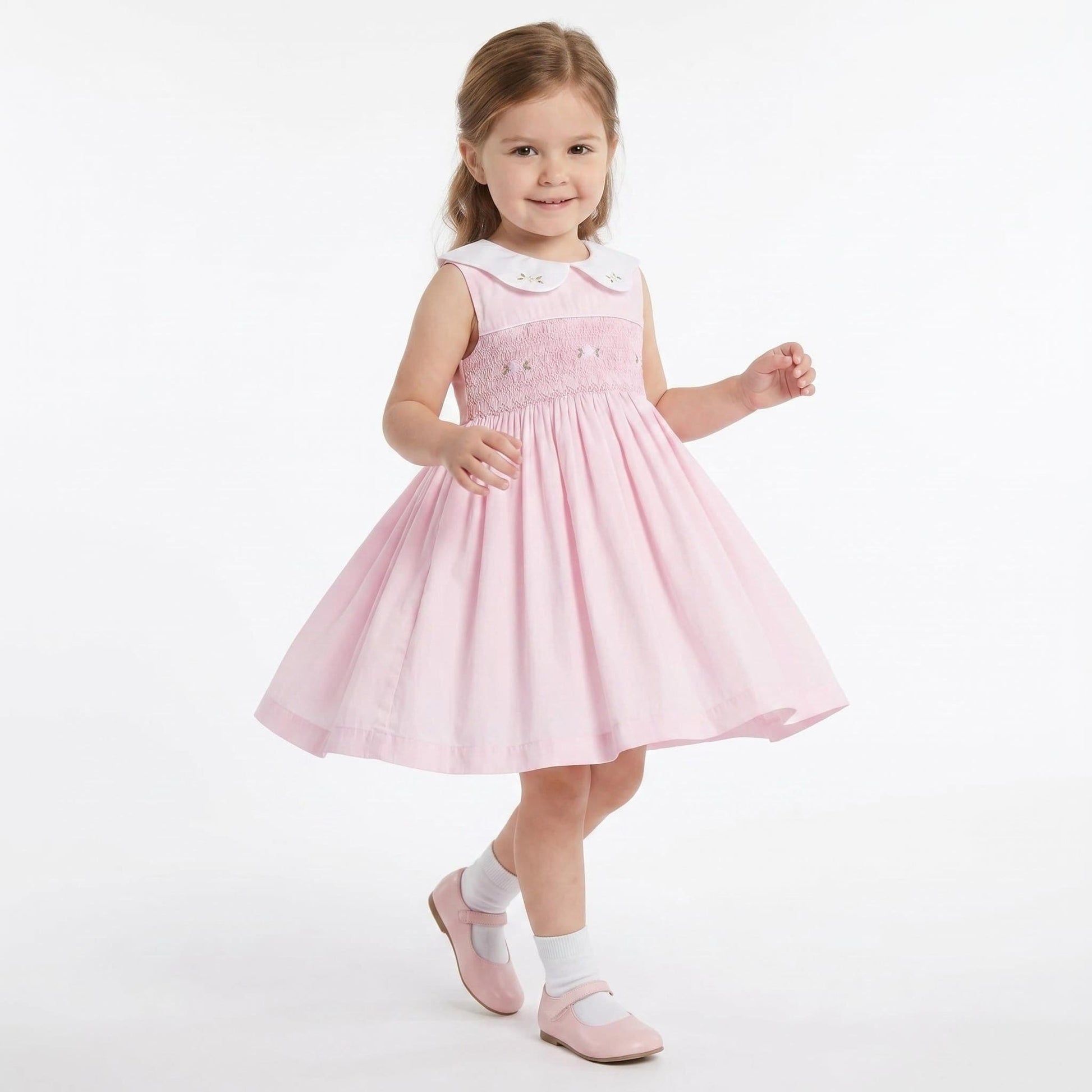 Baby Girl Pink Cotton Hand Smocked Petal Collar Dress "2514"
