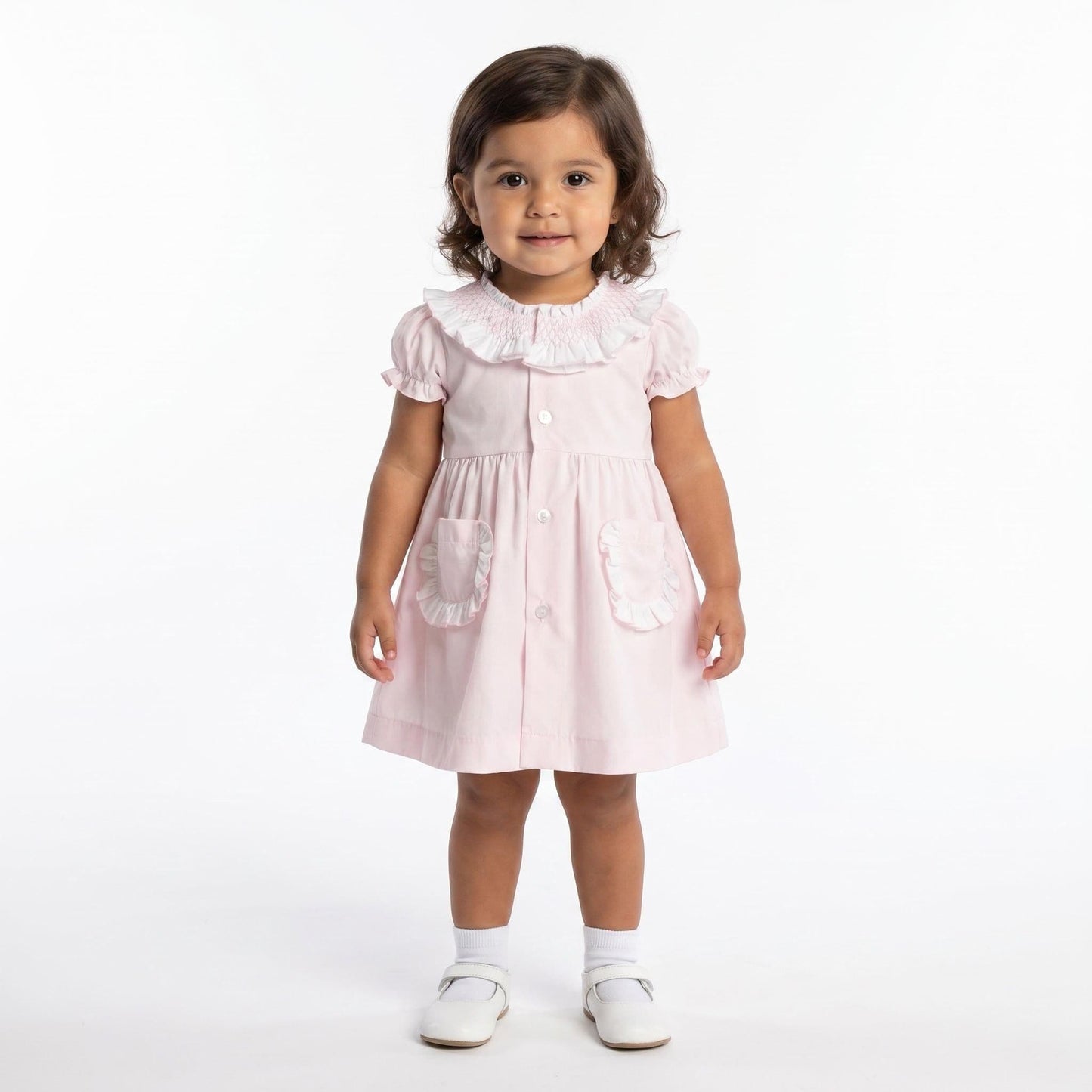 Baby Girl Pink Cotton Smocked Collar Puff Dress with Pants "MYD26013"