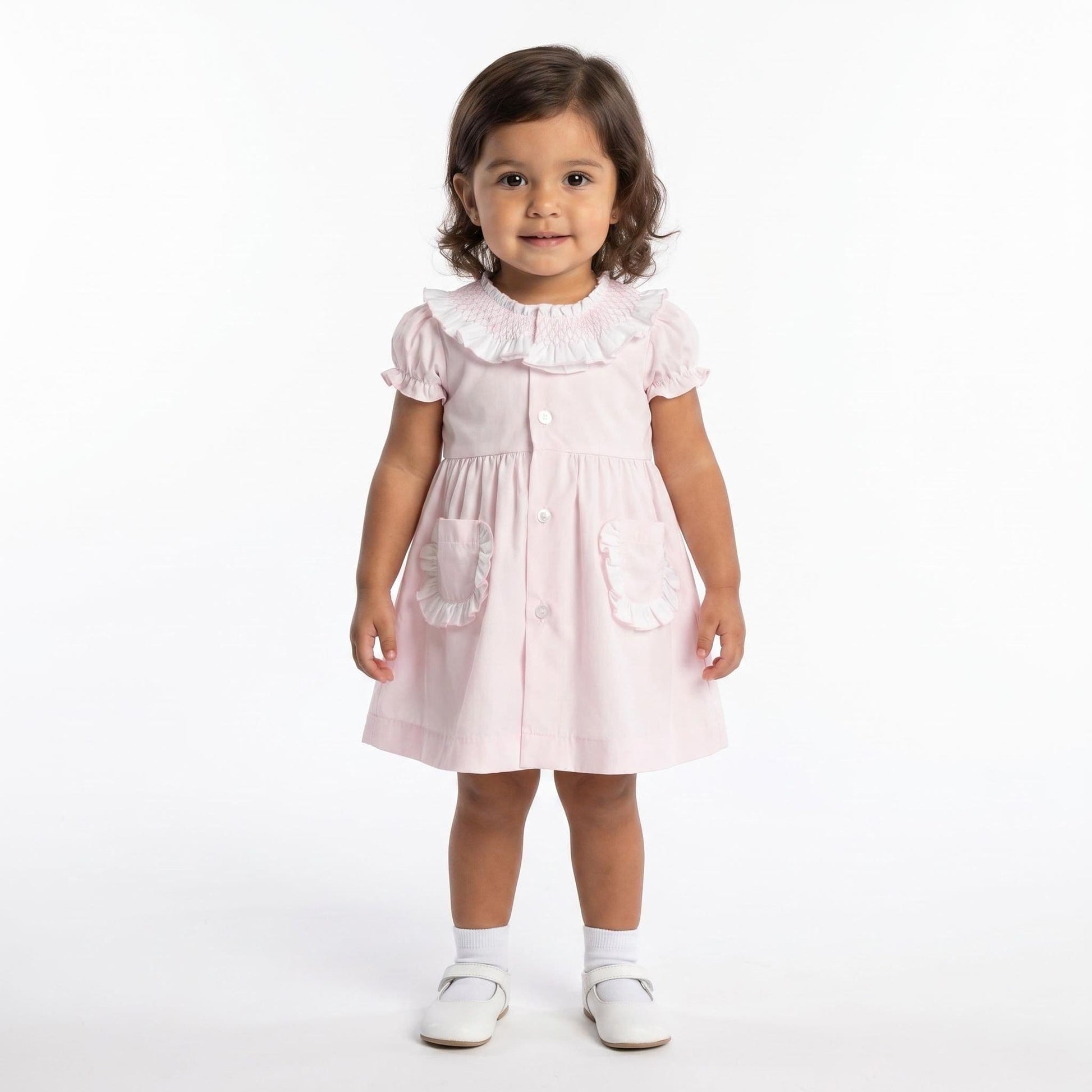 Baby Girl Pink Cotton Smocked Collar Puff Dress with Pants "MYD26013"