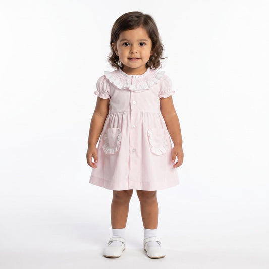 Baby Girl Pink Cotton Smocked Collar Puff Dress with Pants "MYD26013"