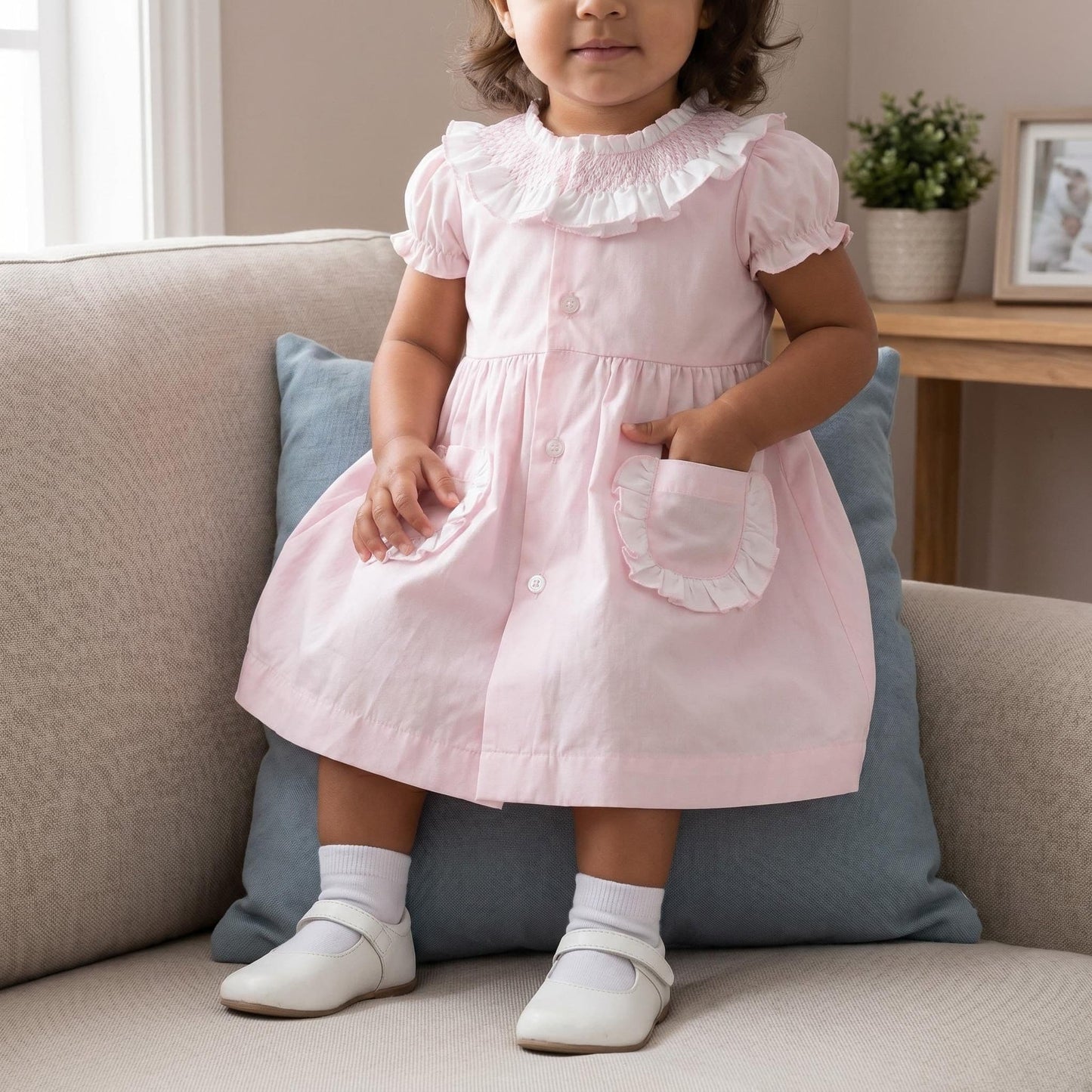 Baby Girl Pink Cotton Smocked Collar Puff Dress with Pants "MYD26013"