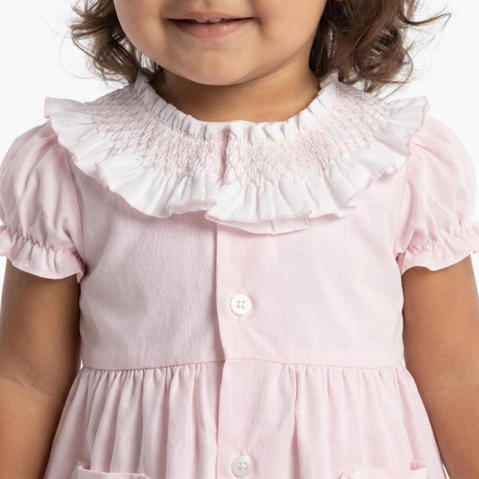 Baby Girl Pink Cotton Smocked Collar Puff Dress with Pants "MYD26013"