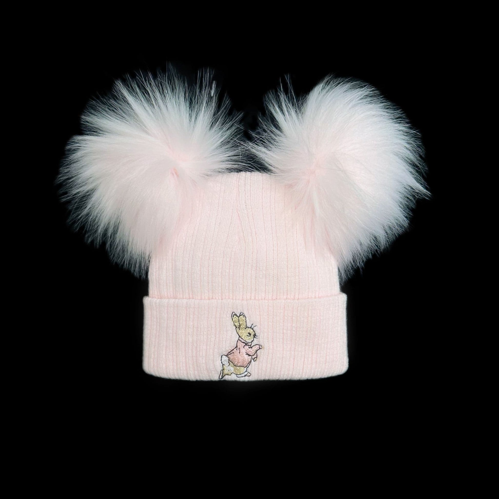 Baby Girls Pink Double Faux Fur Pom Hat Bunny Embroidery