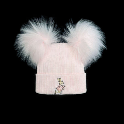 Baby Girls Pink Double Faux Fur Pom Hat Bunny Embroidery