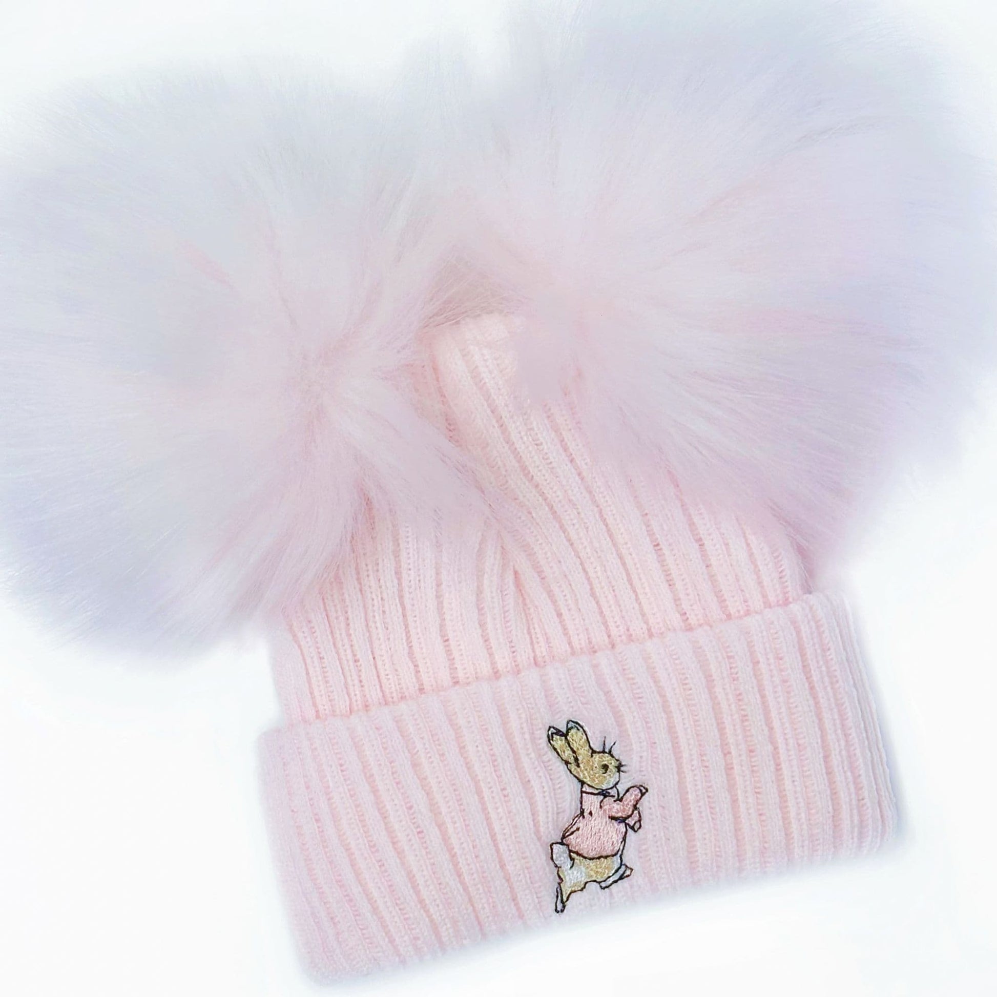 Baby Girls Pink Double Faux Fur Pom Hat Bunny Embroidery