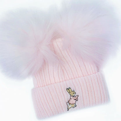 Baby Girls Pink Double Faux Fur Pom Hat Bunny Embroidery