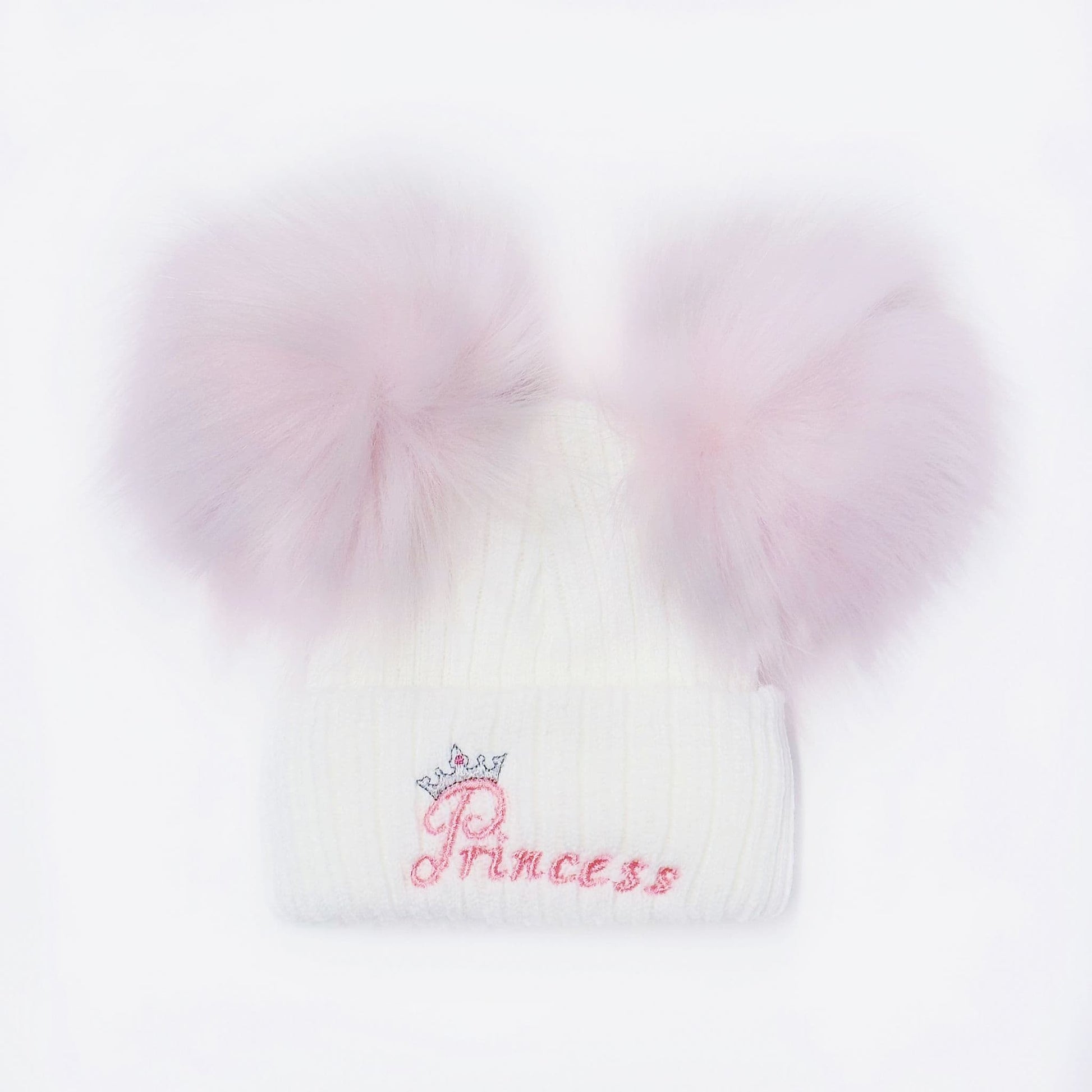 Baby Girls Pink Double Faux Fur Pom Hat Princess Embroidery