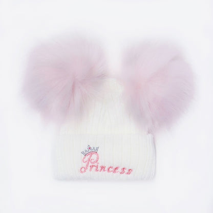 Baby Girls Pink Double Faux Fur Pom Hat Princess Embroidery