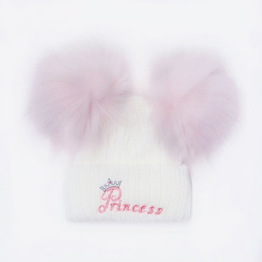 Baby Girls Pink Double Faux Fur Pom Hat Princess Embroidery