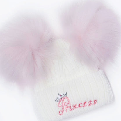 Baby Girls Pink Double Faux Fur Pom Hat Princess Embroidery