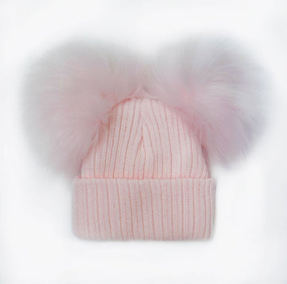 Baby Girls Pink Double Faux Fur Pom Hat Ribbed Knit
