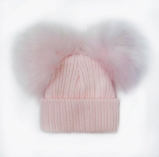 Baby Girls Pink Double Faux Fur Pom Hat Ribbed Knit