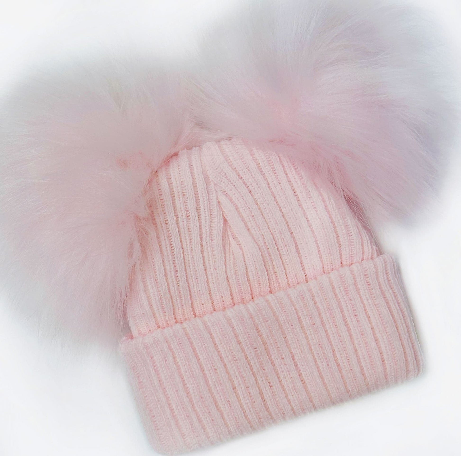 Baby Girls Pink Double Faux Fur Pom Hat Ribbed Knit
