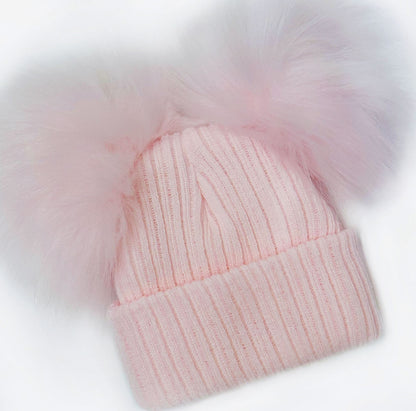 Baby Girls Pink Double Faux Fur Pom Hat Ribbed Knit