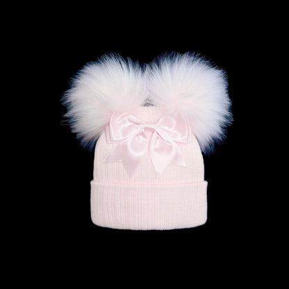 Baby Girls Pink Double Faux Fur Pom Hat with Bow