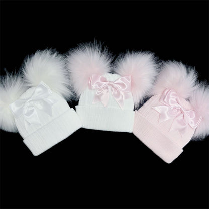 Baby Girls Pink Double Faux Fur Pom Hat with Bow